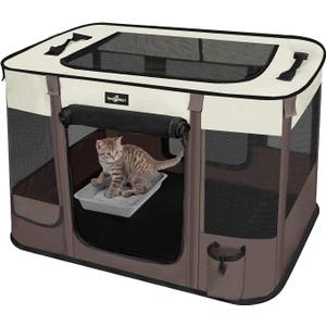 Foldable Pet Kitten Playpen, Upgrade Waterproof Portable Cat Dog Playpen Kennel Tent for Small Dog Cat, Removable Shade Cover, Indoor Outdoor Use for Small Pet, Brown