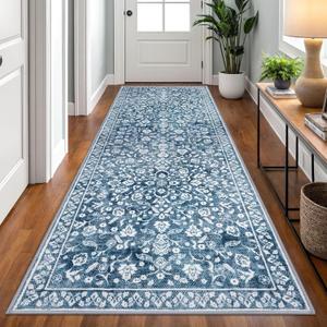 Vintage 3x8 Hallway Rug, Blue and White Washable Hallway Runner Rug Non Slip, Super Soft Kitchen Runner Rug, Print Faux Wool Floral Thin Carpet Runner for Entryway Indoor Bedside Runner