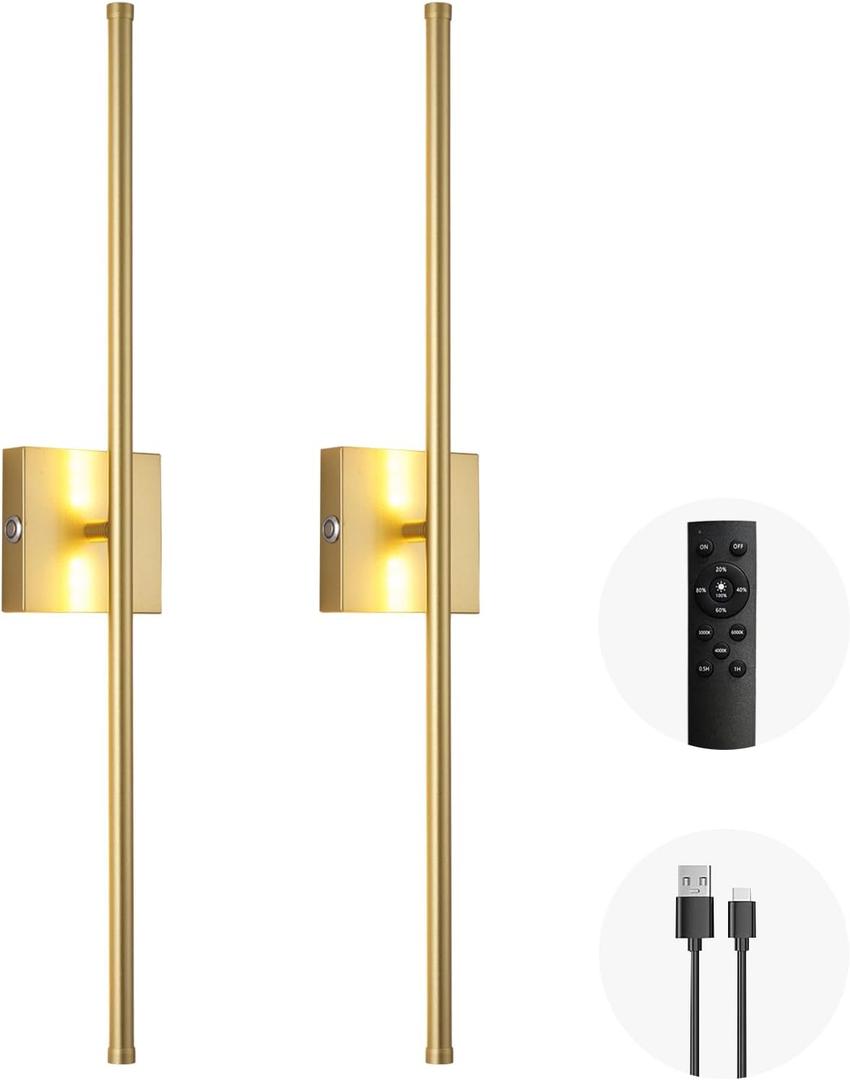 LED Wireless Wall Sconce with Remote Control (Set of Two), USB Rechargeable Battery Powered Indoor Wall Lamps, Dimmable, 360 Rotate,Timing, 28.3 inch Gold Wall Lights for Hallway/Living Room/Bedroom
