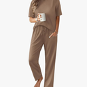 JiniGolla Women's Pajamas Sets Soft Short Sleeve Top and Long Pants 2 Piece Loungwear with Pocket XL