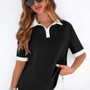 PRETTYGARDEN Summer Short Sleeve Polo Shirts for Women Collared V Neck Work Dressy Tops Knit Loose Business Casual Outfits (Black, S)