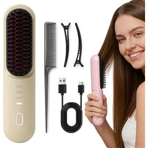 Go Pro Hair Brush for Hair, Hair Straightener Brush & Thick Curly Hair,4000mAh Cordless 2026 Go Brush Pro, 30s Rapid Heating, 4 Temp Settings (140-200C), Ionic Comb (Beige)