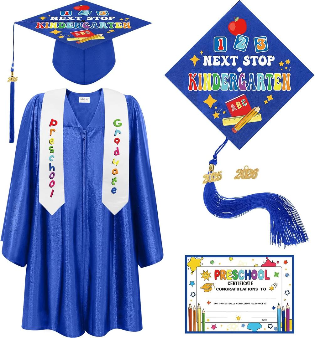 Bokon 4 Pcs Kindergarten Preschool Graduation Cap and Gown with 2025 Tassel Graduation Stole and Certificate for Toddler Kids (33, Royal Blue)