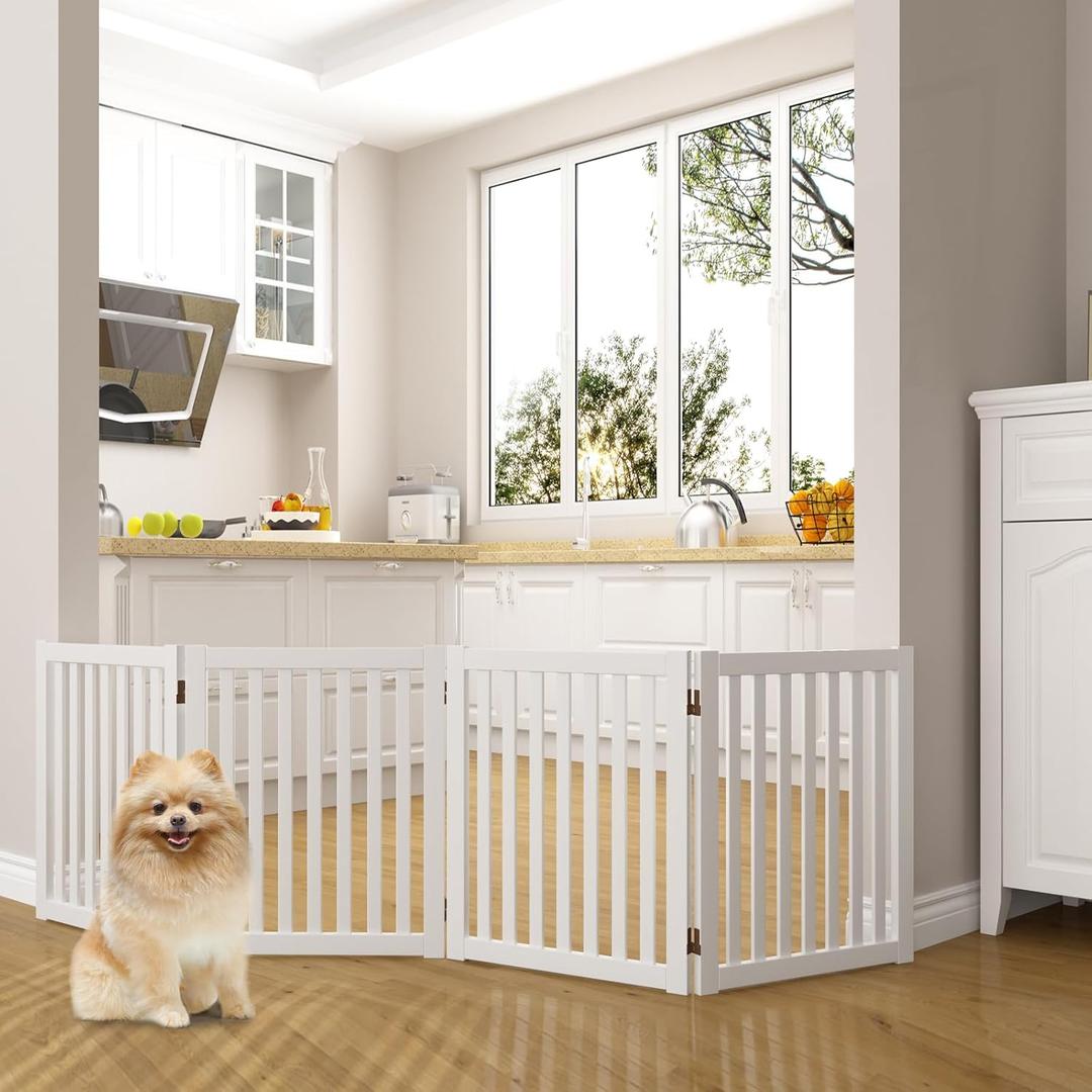 WELLAND Wooden Freestanding Pet Gate, 4 Panel 24 Inch Step Over Fence, Expands Up to 80" Wide, Foldable Indoor Dog Gate Puppy Safety Fence, White WELLAND Wooden Freestanding Pet Gate, 4 Panel 24 Inch Step Over Fence, Expands Up to 80" Wide, Foldable Indoor Dog Gate Puppy Safety Fence, White