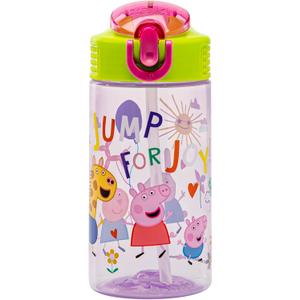 Zak Designs Peppa Pig Kids Water Bottle For School or Travel, 16oz Durable Plastic Water Bottle With Straw, Handle, and Leak-Proof, Pop-Up Spout Cover (Peppa & Friends)