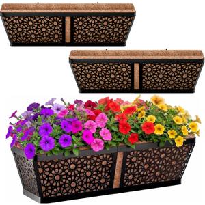 ZeeDix 3 Pack Metal Window Box for Railings, 24 Inch Over Railing Planter Boxes with Coco Liners, Hanging Flower Box Planters for Outdoor Fence Deck Porch Balcony & Patio