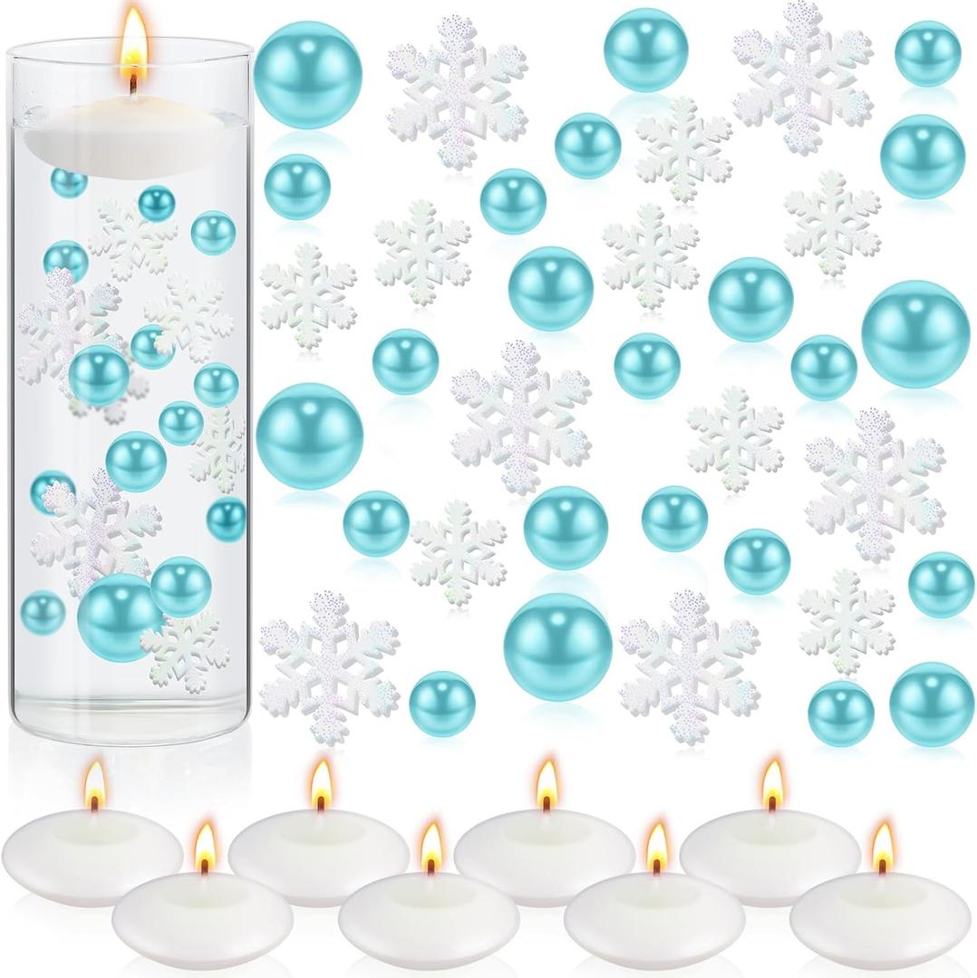 124 Pcs Christmas Vase Filler Pearls for Vase Filler Christmas Table Decor Floating Candles Centerpiece with 8 Floating Candles for Table Party Festival Decor, Not Included Clear Beads(Snowflake)