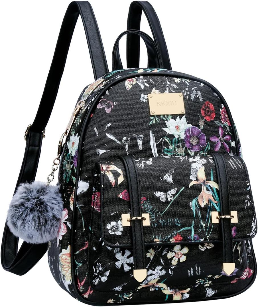 KKXIU Girls Small Backpack Purse Vegan Leather Mini Bookbag for Women Cute Teen Pompom Daypack (Black Flower)