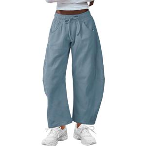 SeekMe Women's Barrel Leg Sweatpant Drawstring Elastic Waisted Wide Leg Pants Casual Cotton Palazzo Trousers with Pockets XS
