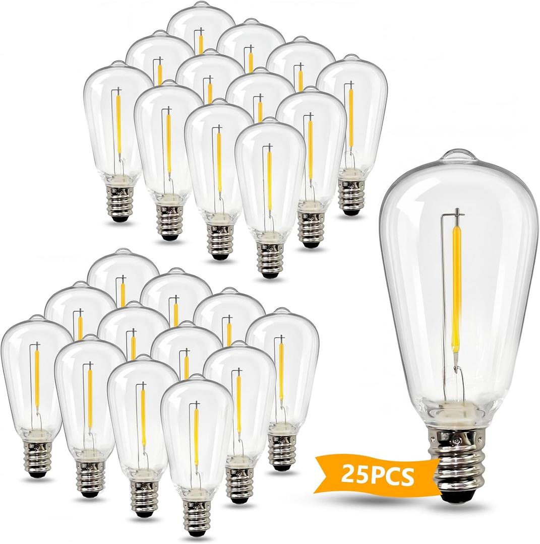 Abeja 25 Pack ST38 LED Replacement Bulbs, E12 LED Shatterproof 0.6W, 1 Watt Equivalent to 7 Watt Traditional Bulb, E12 Base String Light Bulbs for Outdoor Patio Garden String Lights, Warm White 2700K