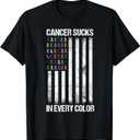 Cancer Sucks in Every Color Tshirt USA American Flag Ribbons T-Shirt (Black, Small)