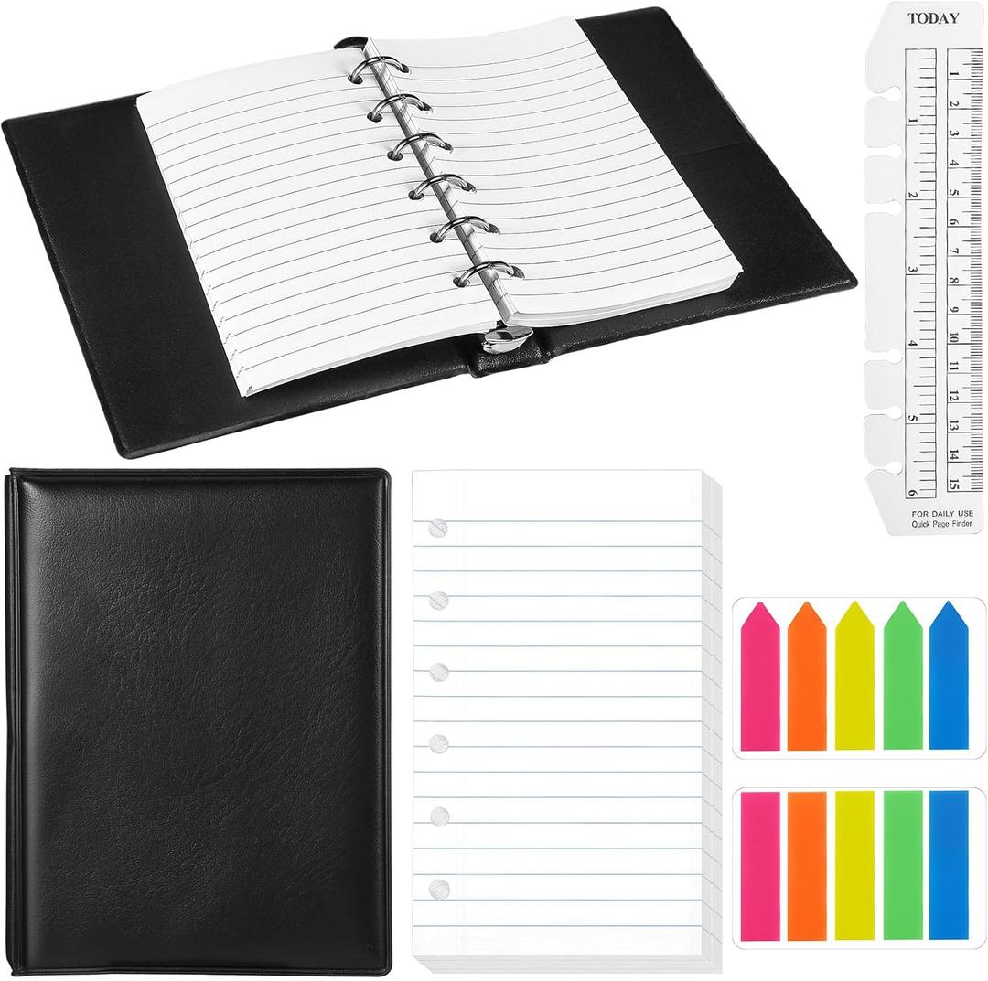 Feifeiya Mini 6 Ring Binder and 3 x 5 Inch Refill Paper Set,1 Black Refillable Binder,100 Lined Loose Leaf Paper, 1 Translucent Bookmark Ruler, 200 of Colorful Index Sticky Tabs for Office(White)
