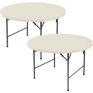 Fitted Round Table Covers 60 Inch-2 Pack Cream Elastic Spandex Table Cloth-Small Stretch Folding Circle Tablecloths Topper Cap for Kitchen Dining Commercial Party Picnic Event Banquet Tables