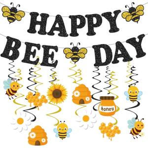 Bee Themed Birthday Party Decorations,Black Glitter Happy Bee Day Banner with Hanging Swirls for Bumble Bee Theme Party Decor Supplies