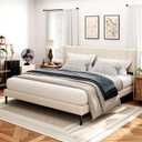 King Size Bed Frame and Headboard,Vertical Channel Tufted Wingback No Box Spring Needed, Mattress Foundation, Easy Assembly, Beige