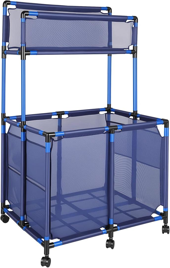 Pool Storage Bin Cart with Noodle Holder, Rolling Pool Storage Organizer Top Shelf Nylon Mesh Basket for Goggles, Floats, Balls and Floats Equipment