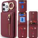 2 x for iPhone 15 pro Case with Card Holder for Women, for iPhone 15 pro Phone Case Wallet with Strap Credit Card with Kickstand Zipper Case - Red Wine