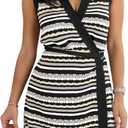 Saodimallsu Womens Wrap V Neck Mini Dress Striped Sleeveless Crochet Knit Tie Waist Beach Boho Cover Up Dresses (S)