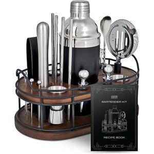 Home Hero Bartender Kit - 22-Piece Cocktail Shaker & Bar Tool Set - Wooden Stand Display & Bar Cart Accessories - Recipe Book & Housewarming Gifts - 22-Pc, Silver