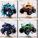 The Mode Art Monster Truck Wall Art 4 Pieces Prints for Kids Rooms Home Decor Canvas Artwork Painted truck Theme Photos Wall Decor in the Boy's Bedroom Each Size: 12"x12"