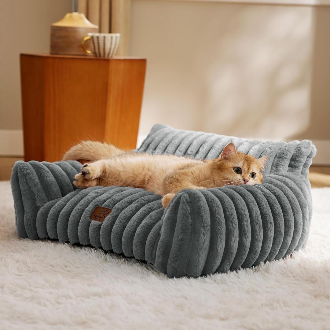 Bedsure Cute Couch for Pets - Fluffy Cat Sofa with Premium Soft Corduroy Fleece, Fuzzy Couch Bed with Removable Washable Cover, Supportive Cat Chair, 24inch, Warm Grey (24x18x10")