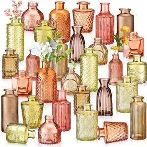 Yaomiao 30 Pcs Vases Bulk Colored Flower Glass Bud Vases Valentine Vintage Colored Glass Bottles Colorful Rustic Embossed for Home Wedding Table Decorations Gifts(Orange Yellow Series)