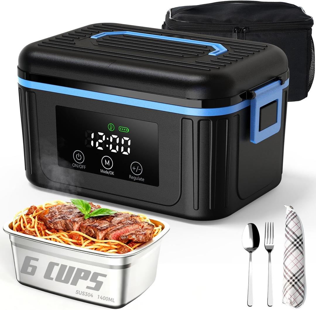 Cordless Electric Lunch Box for Adults, Heated Lunch Box for Men, 6 Cups Self Heating Lunch Box, Battery Powered, 304 Stainless Steel, 18000mAh, Portable Food Warmer with Insulated Carry Bag