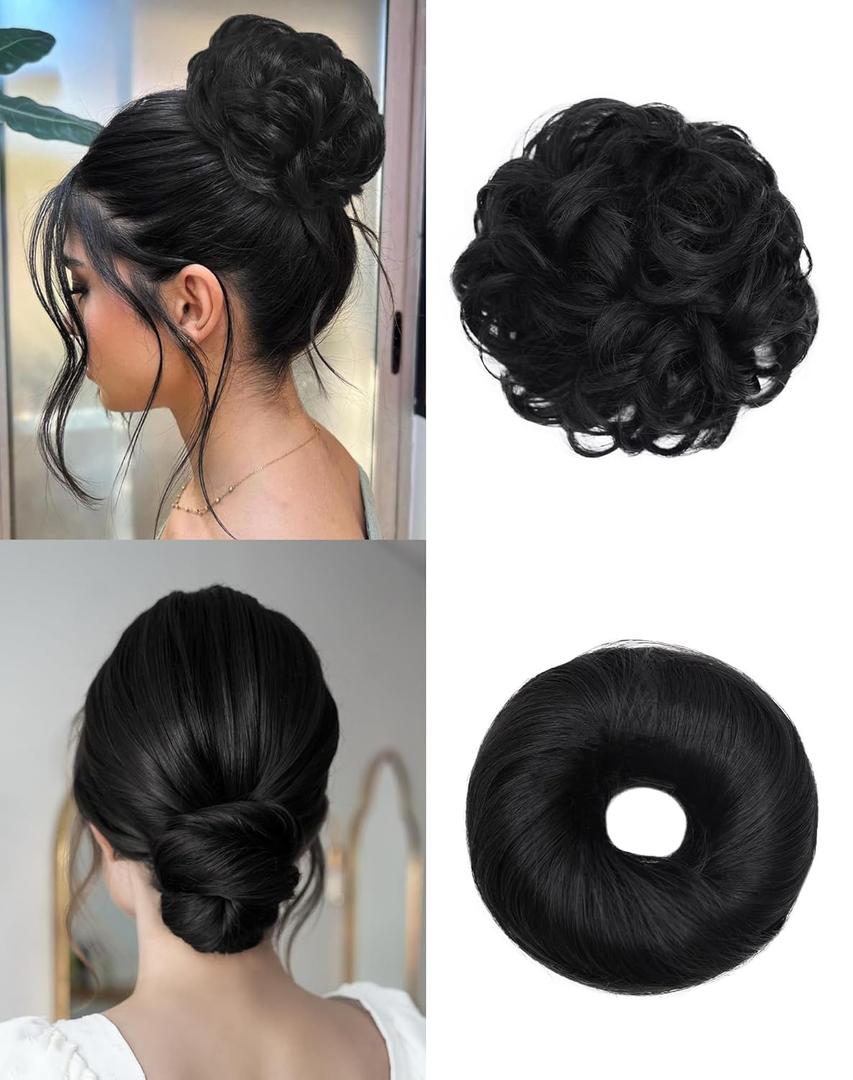 2PCS Messy Bun Hair Piece-Large Wavy Curly & Donut Updo Hair Pieces Set, Scrunchies Synthetic Chignon Ponytail Extensions Thick Updo for Women (Natural Black)