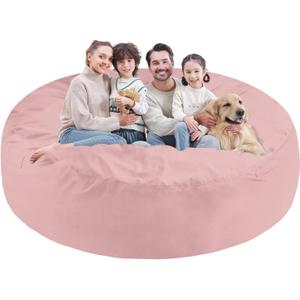 7FT Bean Bag Chair, Large Bean Bag Chairs with Memory Foam Filled, Fluffy Beanbag Sofa with Dutch Velvet Cover, Round BeanBag Chairs for Living Room, Playroom - Light Pink (7FT- 72"x72"x18")