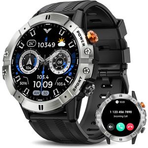 Smart Watches for Men, Bluetooth Call Military Smart Watch, Waterproof Fitness Tracker with Heart Rate/Blood Oxygen/Sleep Monitor/124 Sports Modes, Tactical Watch for Android Phones & iPhone (Silver)