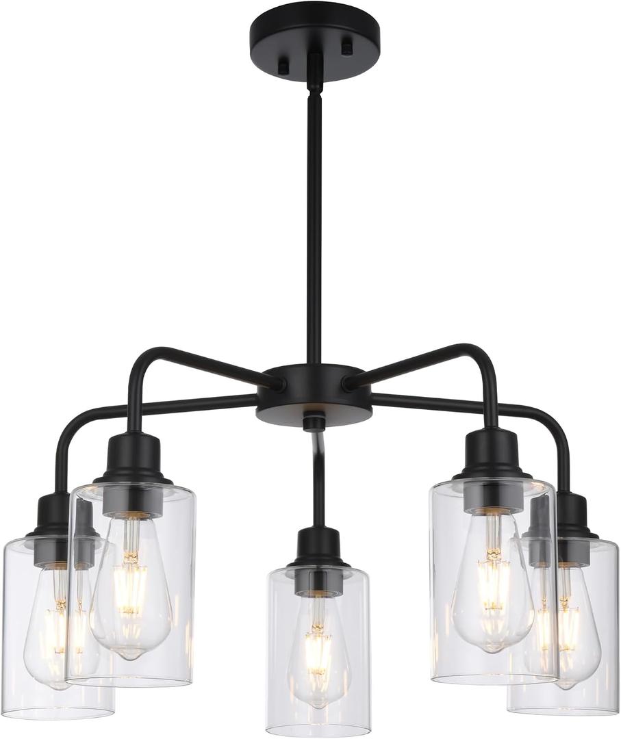 5-Light Modern Black Chandelier with Clear Glass Shades, E26 Base Farmhouse Pendant Light Fixture, Adjustable Swivel Heads Ceiling Lighting, Industrial Chandelier for Dining Room Kitchen Hallway
