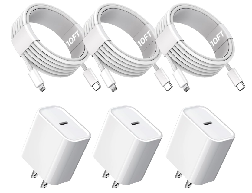 10FT iPhone Fast Charger,3Pack Extra Long[Apple MFi Certified]iPhone Charger Fast Charging Quick 10Foot USB C to Lightning Cable Cord Adapter Block for iPhone 14 Pro Max/14 Plus/13/12Mini/11/XS/X/iPad, No 1 Block