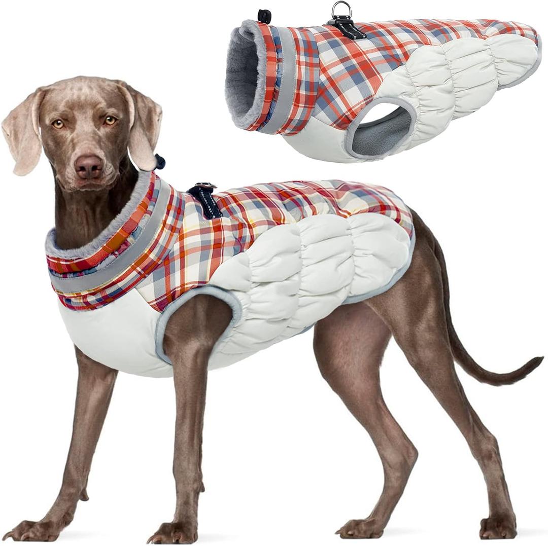 FUAMEY Dog Coat for Large Dogs,Waterproof Dog Winter Jacket with Harness Built in Puppy Cold Weather Coats Reflective Pet Vest with Zipper Warm Fleece Dogs Snowsuit Windproof Red Plaid XXL, chest:35in