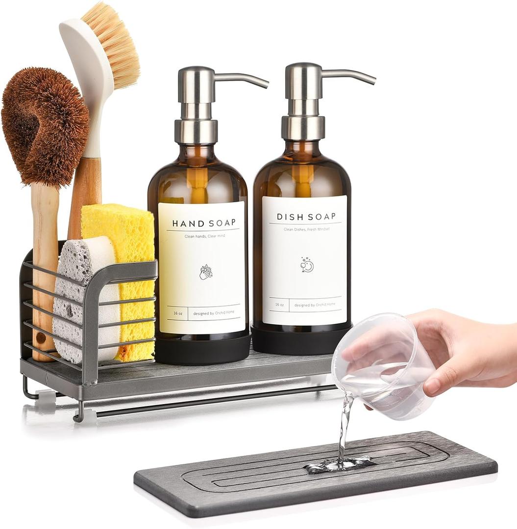 Kitchen Soap Dispenser Set 16oz Glass Bottles with Stainless Steel Pumps