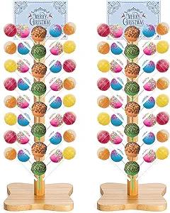 AVLA 2 Pack Wood Cake Pop Stand, 48 Holes Wooden Lollipop Holder, Decorative Candy Table Display Dessert Stand for Wedding, Birthday, Parties, Anniversaries, Sturdy and Easy to Assemble