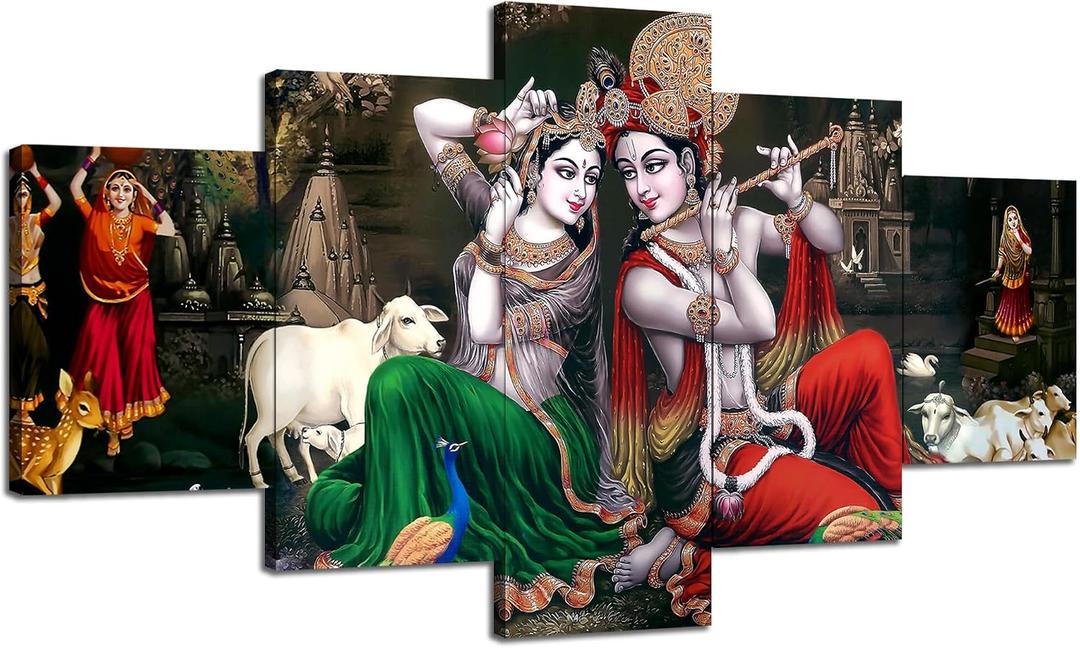 Hindu God Wall Decor Krishna Paintings for Wall Art Lord Krishna Picture Radha Krishna Canvas Print Hinduism Poster Krishna Radha Frame Home Living Room Bedroom Decoration 5 Panel(60x32 inches)