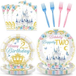 96PCS Princess 2nd Birthday Party Supplies Bibbity Boppity Two Plates and Napkins Blue Pink Castle Party Decors for Girls Princess 2nd Birthday Decorations Castle Tableware Dinnerware Serves 24 Guests