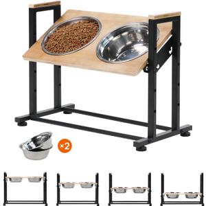 Adjustable Height Pet Feeder Stand with 2 Dishwasher-Safe Stainless Steel Bowls  Brown Wood Top & Black Metal Frame Elevated Food/Water Station for Dogs/Cats Under 100LBS (Large)