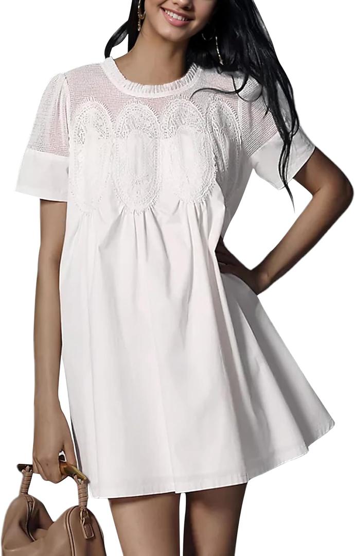 Womens Summer Lace Mini Babydoll Dress Ruffled Collar Short Sleeve Loose Mesh Swing Elegant Flared Sundress (Small, White)