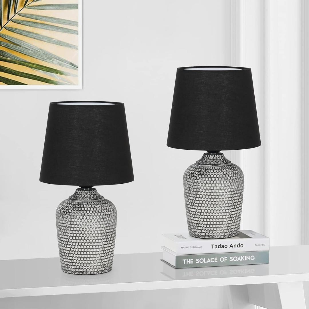 Sucolite 11.8'' Small Table Lamps Set of 2, Bedside Nightstand Lamps for Bedroom Kids Room, Cute Desk Lamps with Studded Texture Base for Reading Nursery Living Room Office, Black