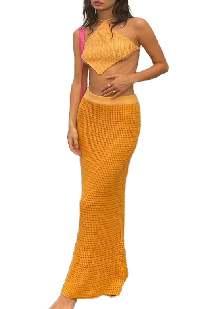 VOIKERDR Crochet Maxi Skirt Sets Women 2 Piece Outfits Sleeveless Vest and Skirt Beach Vacation Clothes M