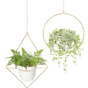 Mkono Metal Hanging Planters for Indoor Plants with Plastic Pots, Set of 2 Modern Mid Century Flower Pot Plant Holder in Diamond and Circle Shape, Fits 6 Inch, Gold