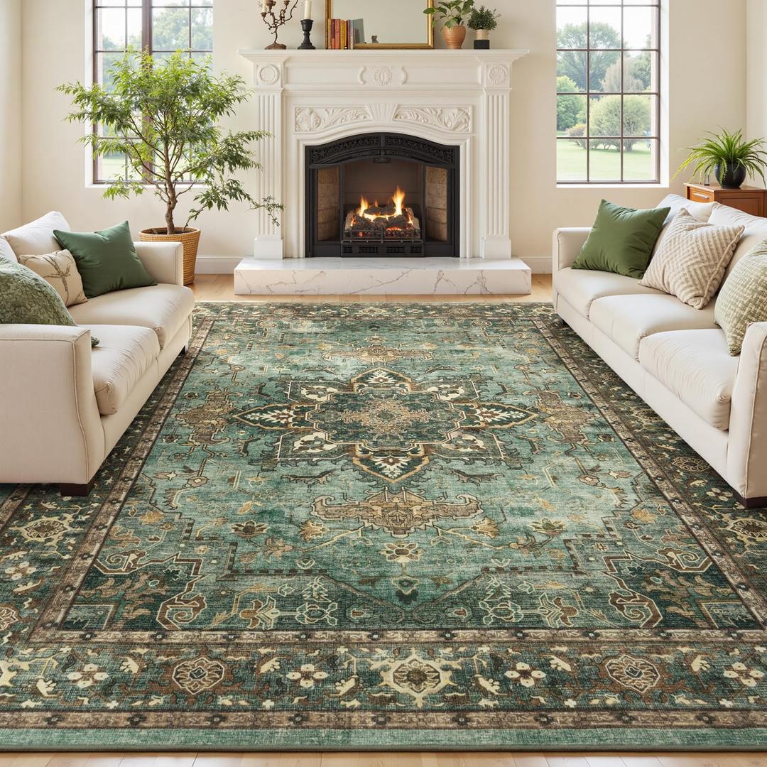 8x10 Green Brown Large Area Rugs for Living Room, Boho Washable Rug