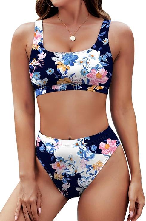 Pink Queen Women's Crop Top High Waisted Cheeky Bikini Set Two Piece Swimsuits (S, Floral Navy Blue)
