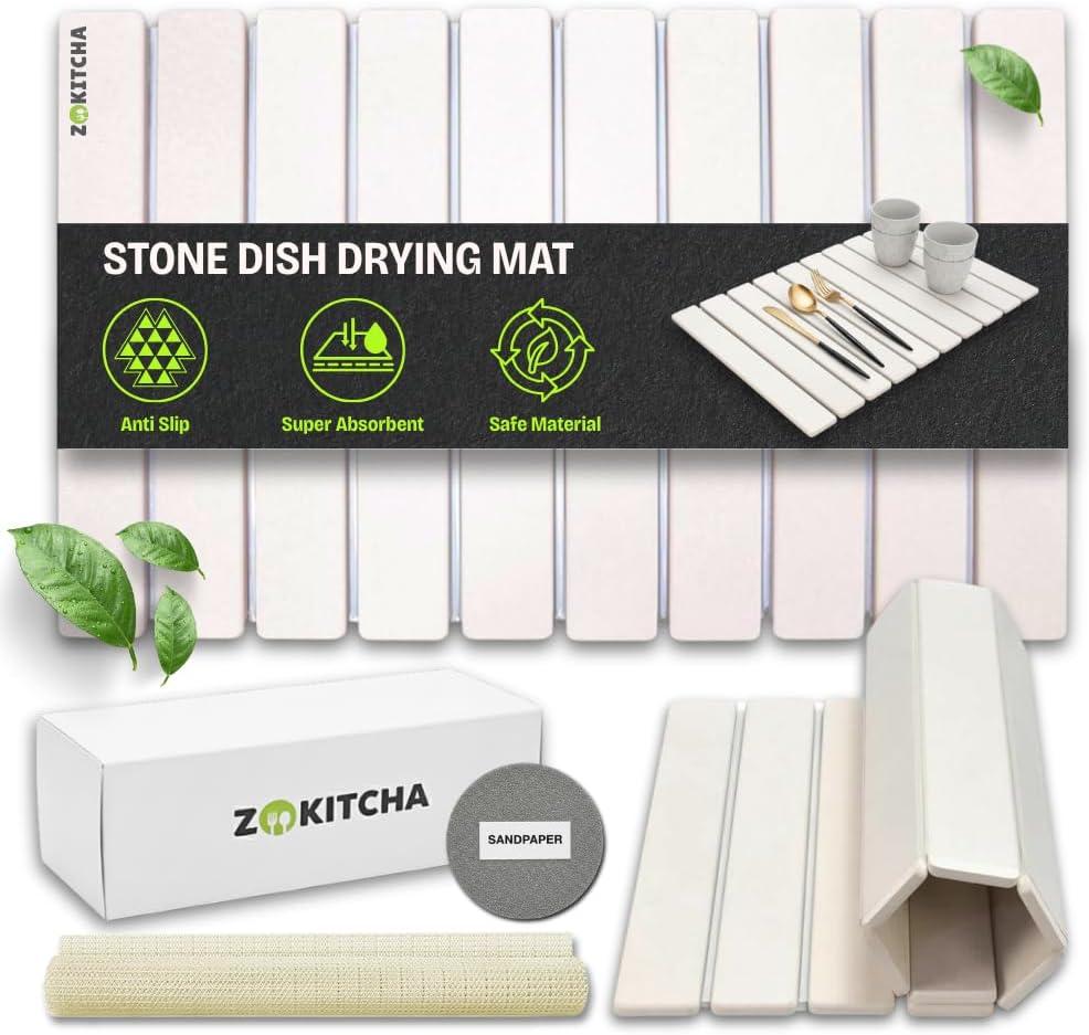 Large Stone Dish Drying Mat for Kitchen Counter, 24"16" Foldable Fast Drying Diatomaceous Earth Mat, Super Absorbent Stone Drying Pad for Dishes, Cups, Bottles (White)