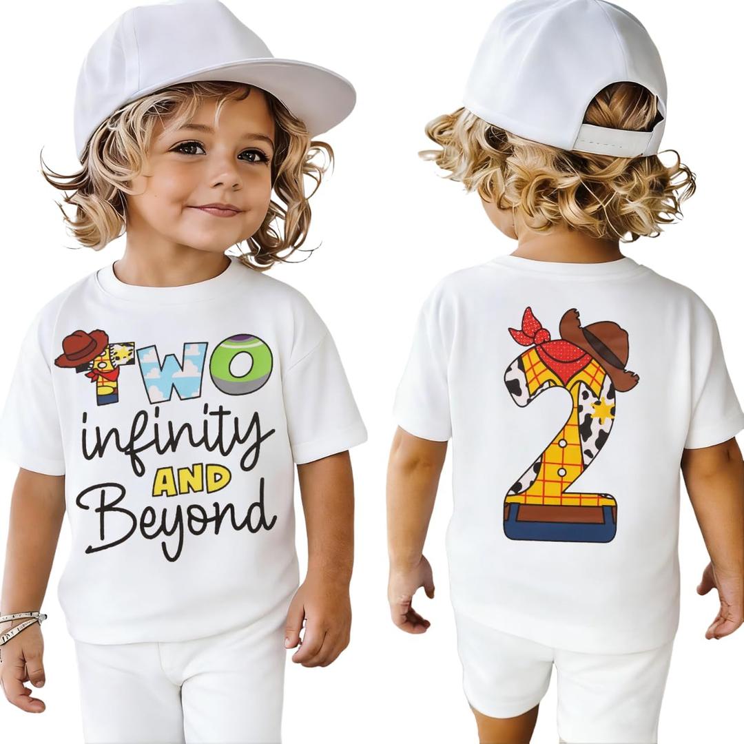 KEKEMI 2T Birthday Boy Shirt 2T Boys Cartoon Graphic Birthday T-Shirt Two Years Old Boy Short Sleeve Tees Bday Party Clothes (White, S/90)