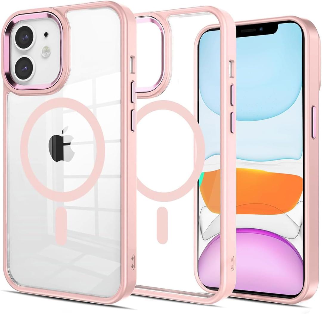 Magnetic for iPhone 11 Case [Compatible with Magsafe] [Military-Grade Protection] Thickened Anti-Drop Transparent Anti-Yellowing Protective case (Pink, iPhone 11)