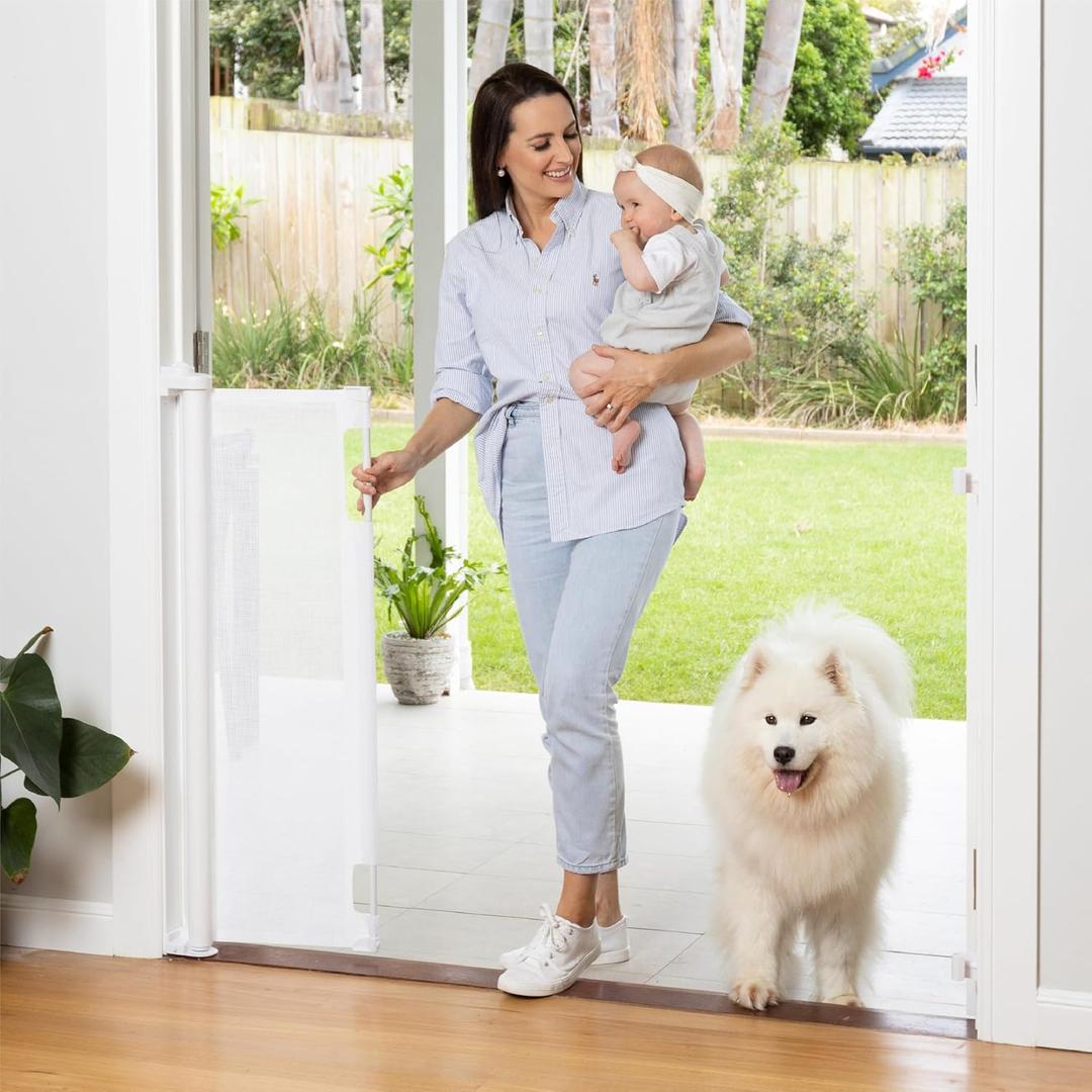 Retractable Baby Gate Perma Child Safety 41" Tall x 71 Wide, Mesh, for Stairs, Doorways, Dogs, Pets, Indoor, Outdoor, One-Handed Operation, Locking, Easy Install, Hardware Mount, White