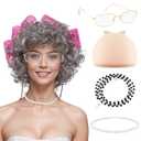 Fumwase Old Lady Costume Set Granny Wig with Hair Rollers Wig Cap Grandma Glasses Eyeglass Chain Pearl Necklace Grandma Granny Costume Wig Curly Accessories for Adults Halloween Costume (Gray)