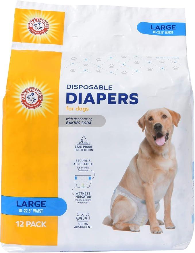 Arm & Hammer for Pets Disposable Female Dog Diapers with Odor Control and Wetness Indicator, Leak Resistant Dog Diapers for Incontinence and Heat Cycles, Size Large 18–23 in Waist, 12 Count  2 Pack